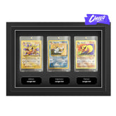Pokemon trading card display frame suitable for three different cards. All base set and future pokemon cardboard cards. Jolteon, Vaporeon, Flareon inside displayed in a rigid plastic case with a plaque that has a message.
